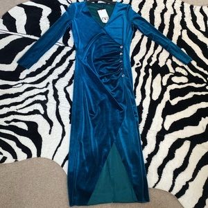 Zara Teal Velvet Wrap Maxi Dress with Button Detail